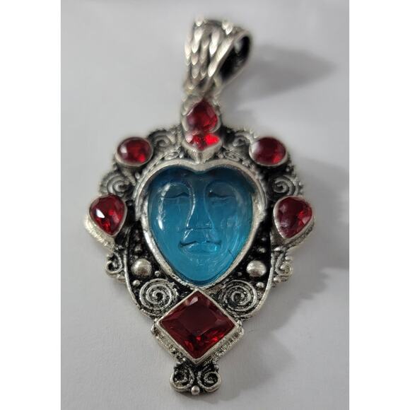 Unique Sterling Silver Pendant with Blue Carved Face and Red Gemstones - Picture 2 of 8